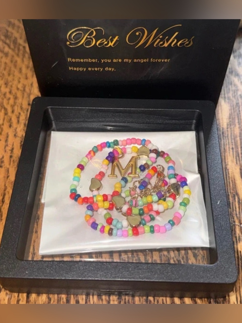 Bright Multicolor Seed Bead Necklace with Gold 'M' Charm NIB